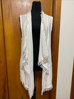 Fringe Open-Front Sleeveless Ramie Cotton Linen Knit Long Cardigan Sweater Vest